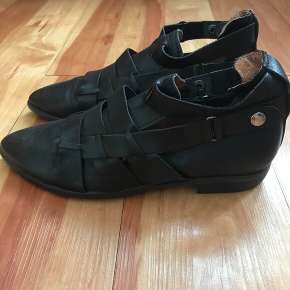 Free People Black Leather Style Nine Ankle Boots Double Buckle Strappy Booties - Picture 8 of 12